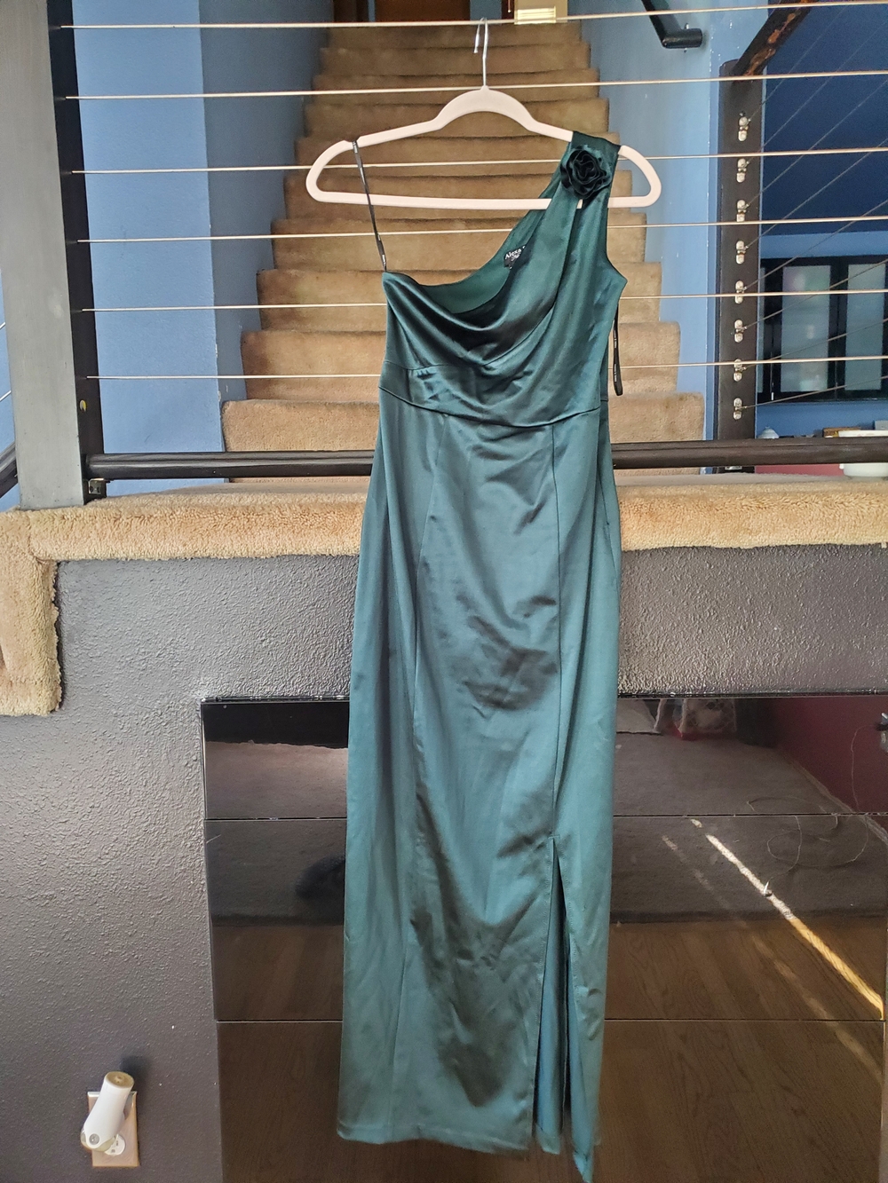 Elegant One-Shoulder Teal Satin Gown with Floral Accent